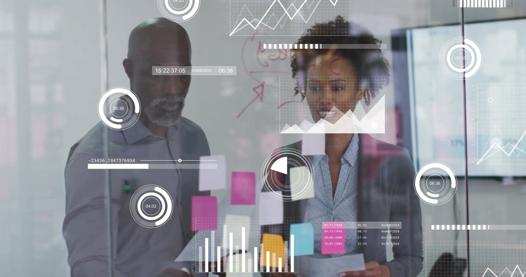 Diverse Colleagues Analyzing Futuristic Digital Data at Office