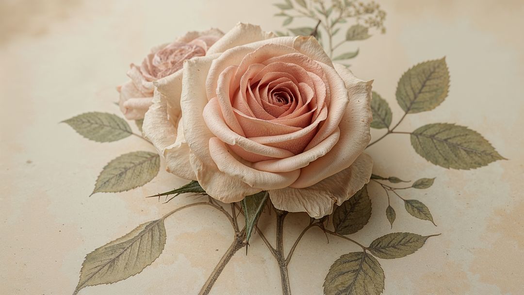Delicate Peach Rose on Vintage Parchment with Botanical Drawings