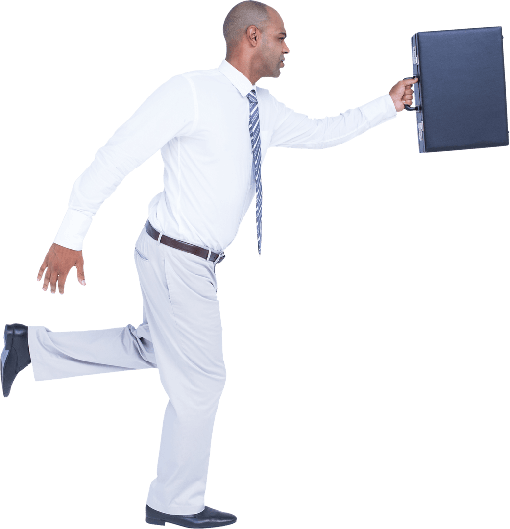 Biracial Businessman Running with Suitcase on Transparent Background