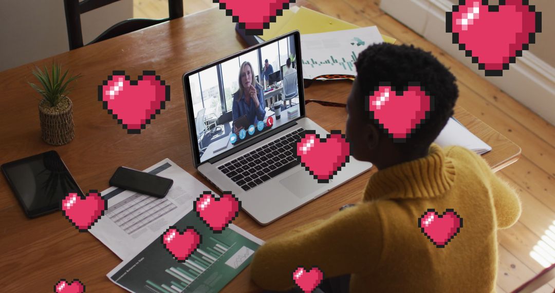 Virtual Call with Digital Heart Icons Surrounding