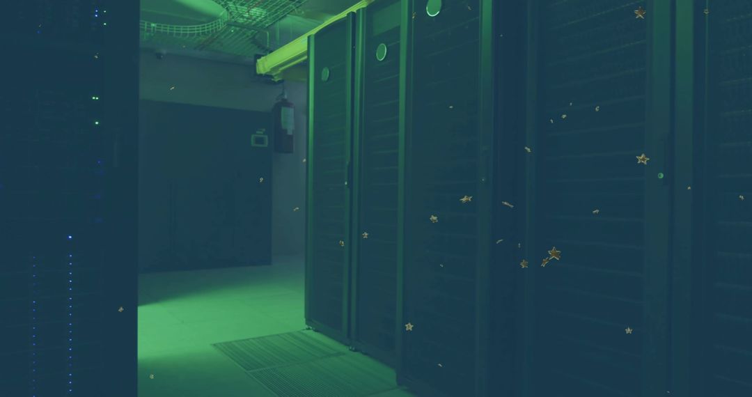 Dim Green Data Center Aisle with Tall Server Cabinets, Overhead Cable Trays and LED Glow