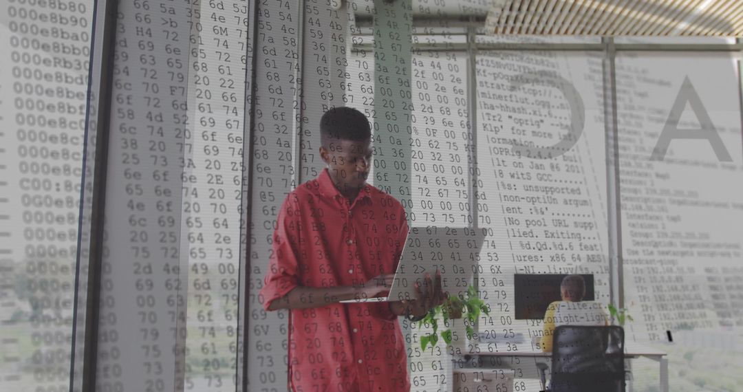 Software Developer Analyzing Code in Modern Office with City View