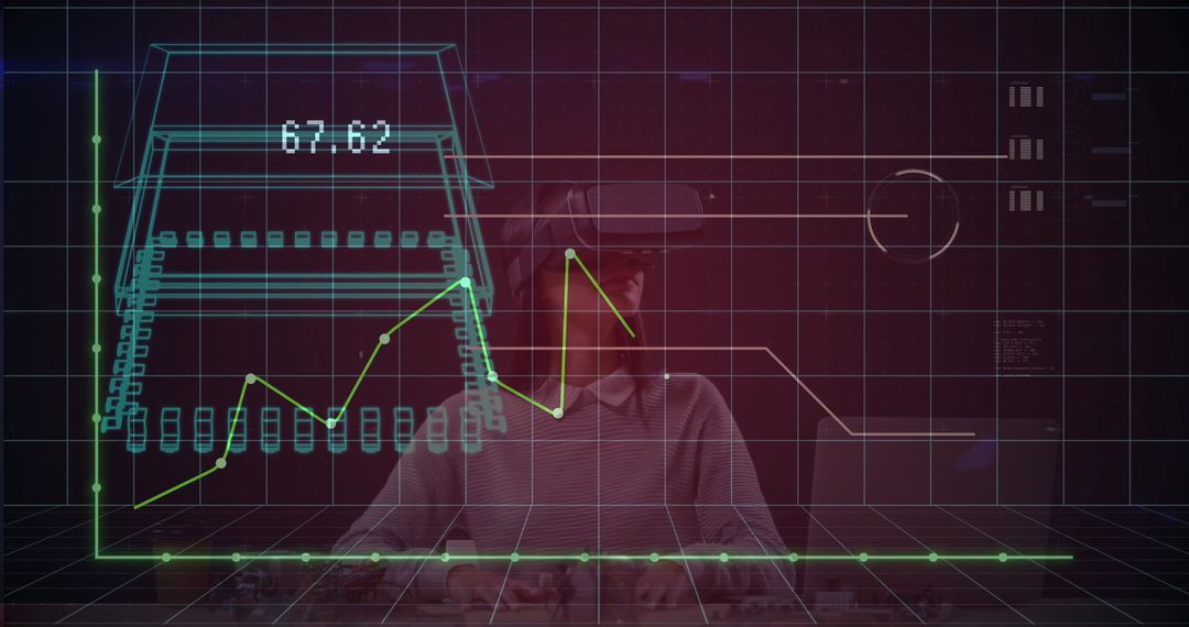Woman Using VR Headset for Holographic Data Analysis