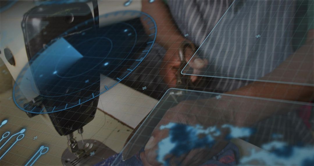 Tailor guiding fabric into sewing machine with augmented reality overlays in workshop