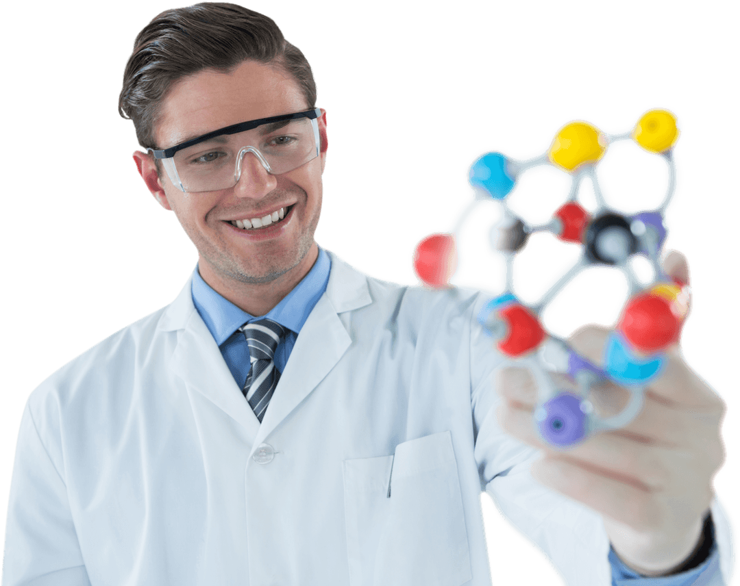 Scientist Enthusiastically Exploring Molecular Structure on Transparent Background