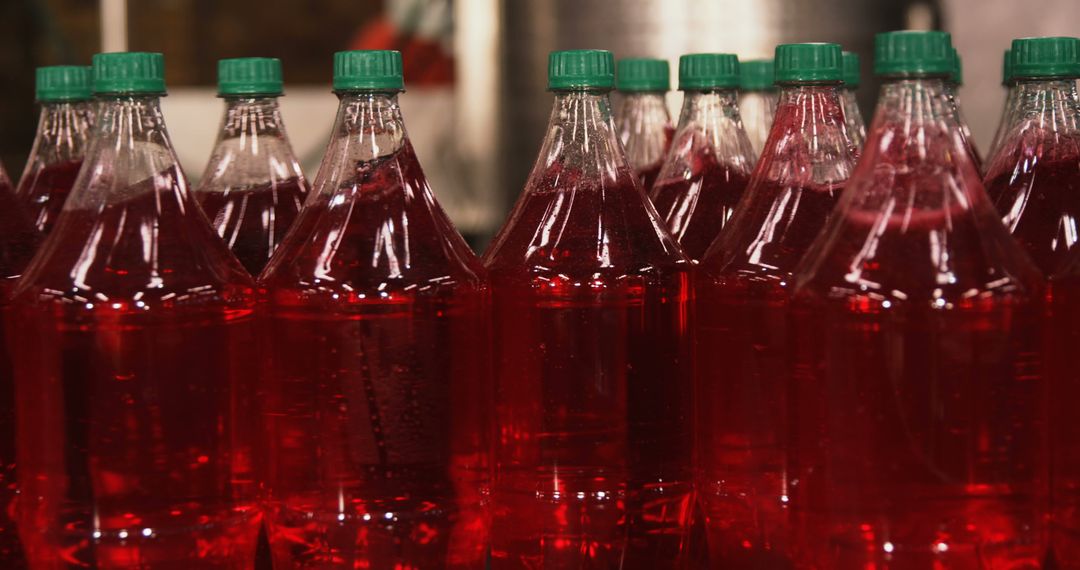 Red Liquid Bottles with Green Caps on Shelf - Free Images, Stock Photos and Pictures on Pikwizard.com