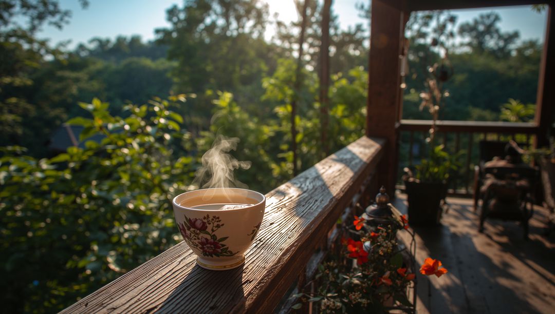 Steaming porcelain teacup resting on sunlit wooden porch railing overlooking treeline