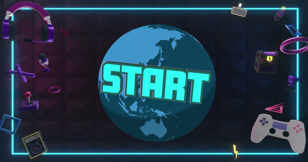 Gaming Icons with Start Text on Globe Retro Theme