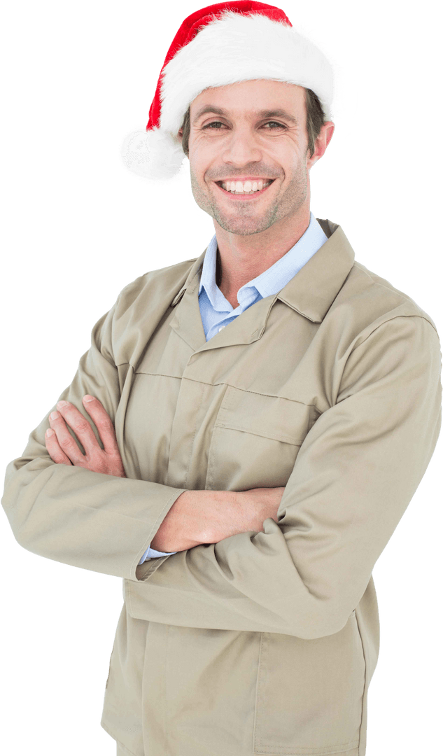 Smiling Delivery Man Wearing Santa Hat Transparent Background