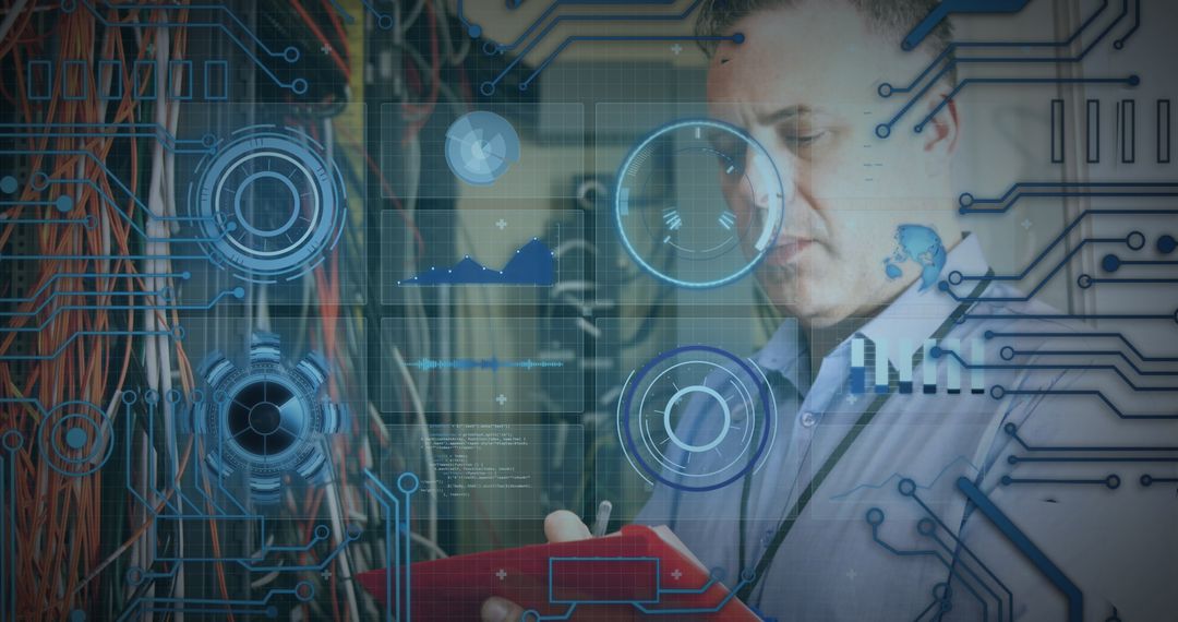 Technician Analyzing Digital Interface in Data Center with Futuristic Overlay