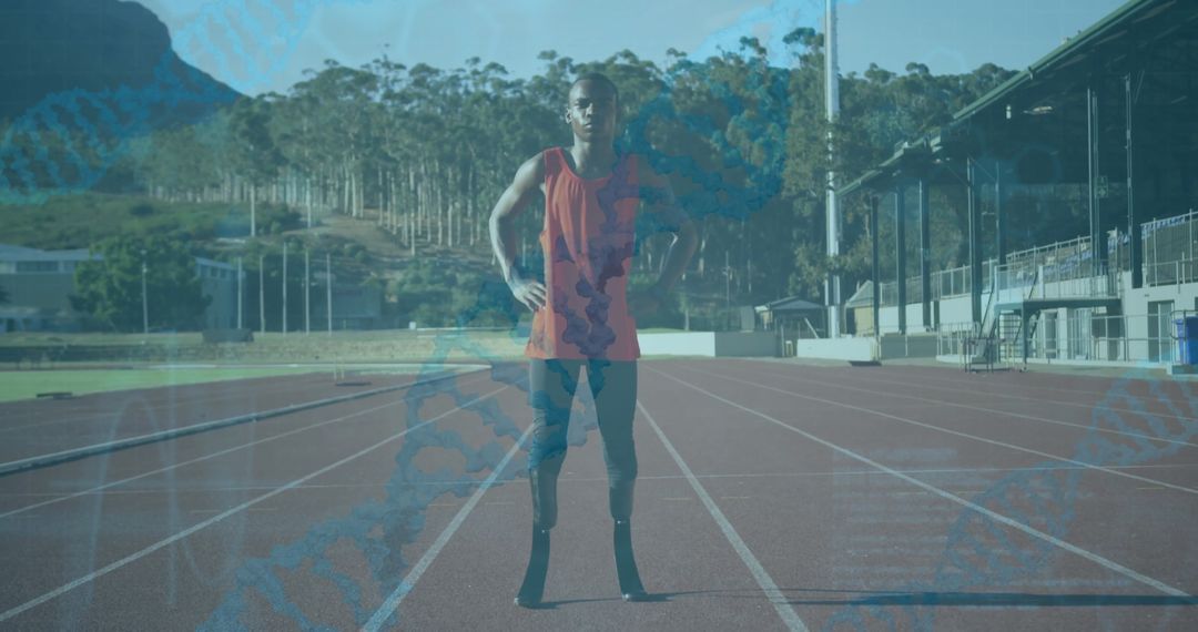 Amputee Athlete with DNA Overlay Symbolizes Tech and Genetics
