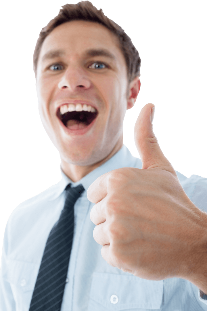 Smiling Caucasian Businessman Giving Thumbs Up on Transparent Background