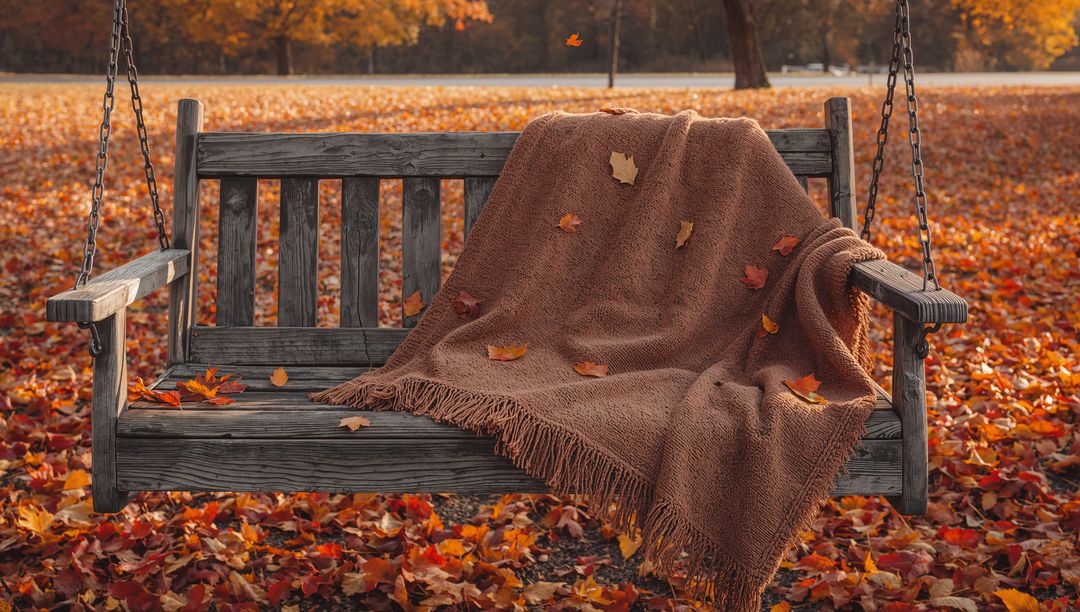 Rustic Swing Bench with Blanket Amid Autumn Leaves in Serene Park Setting