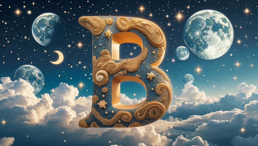 Ornate 3D Letter B In Cosmic Sky With Moons