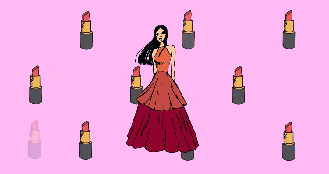 Stylish Model in Elegant Dress with Lipstick Pattern on Pink