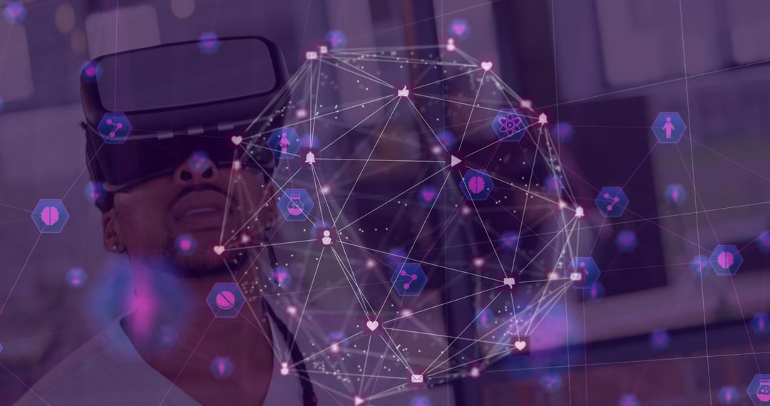 Man Immersed in Virtual Reality Digital Network Interface