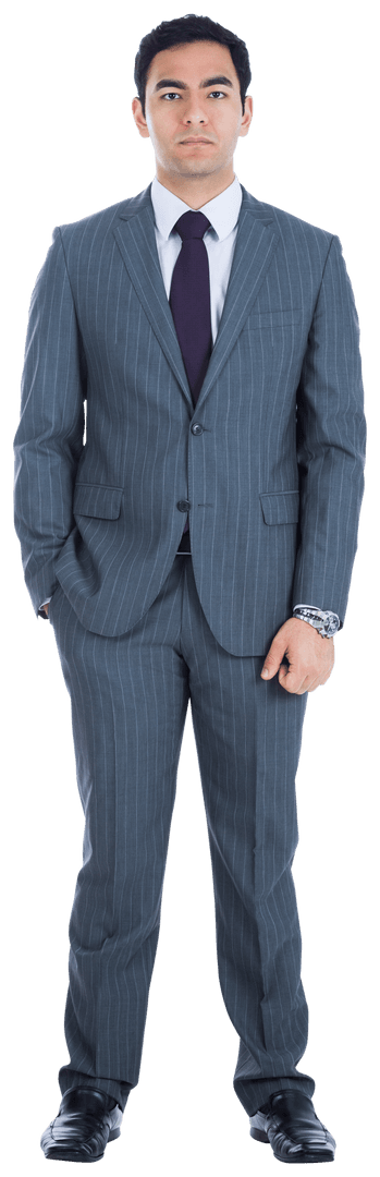 Transparent Serious Biracial Businessman in Pinstriped Suit