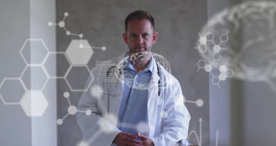 Futuristic Healthcare Professional in Laboratory Setting with Digital Overlays
