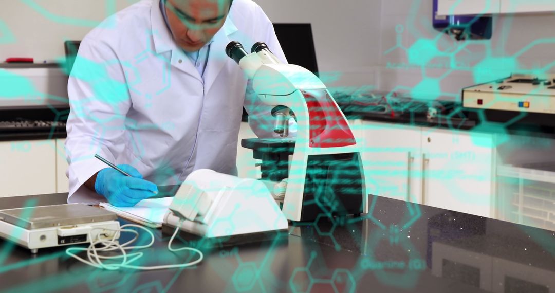 Scientist Analyzing Data with Microscope in Modern Lab