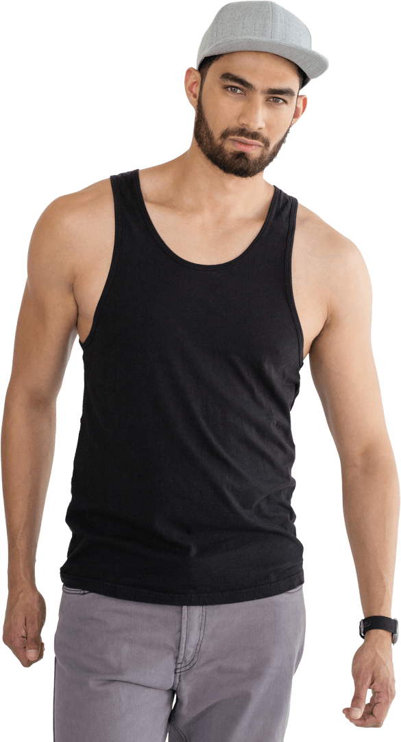 Handsome Bearded Man in Tank Top and Cap on Transparent Background