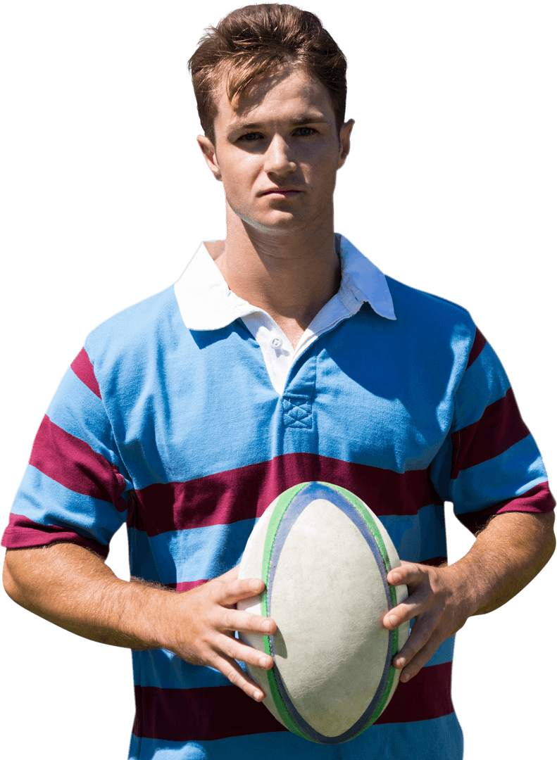 Caucasian Rugby Player Holding Ball on Transparent Background