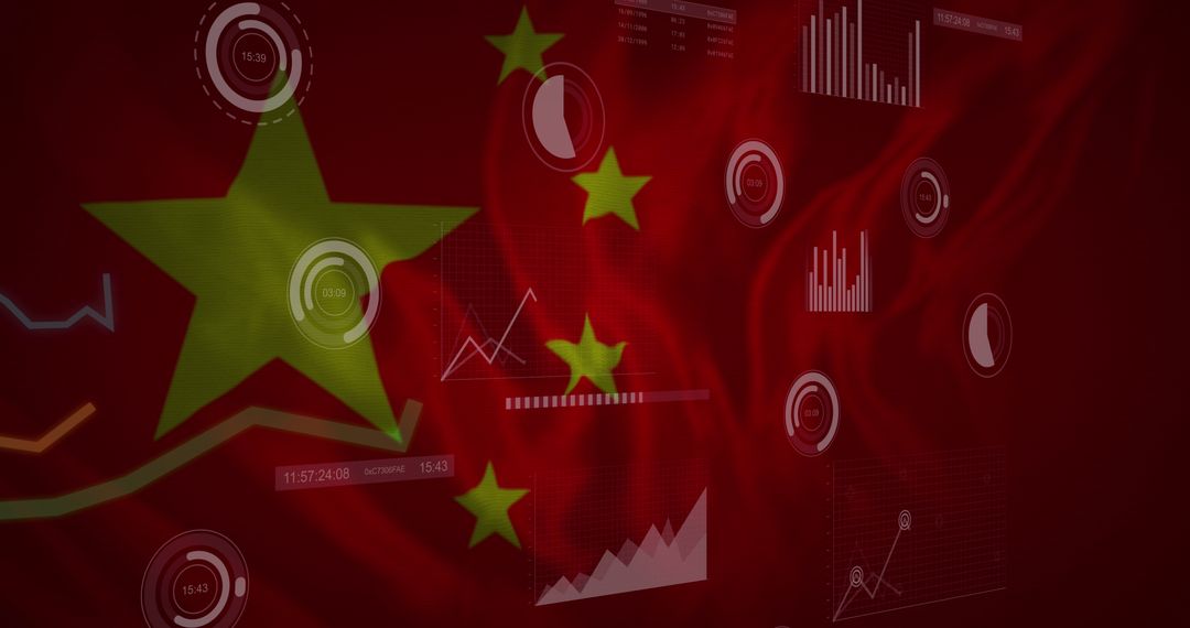 Chinese Flag with Global Economy Financial Graphs and Data