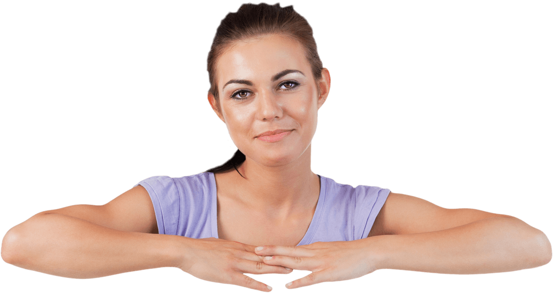 Smiling Woman Gesturing with Hands Transparent Background