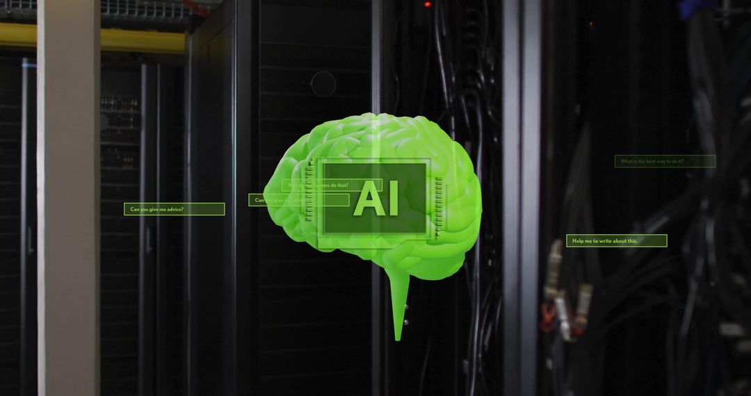 AI Brain Illustration Overlay on Data Servers