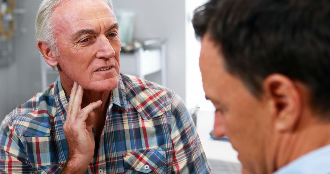 Senior Man Discussing Throat Pain with Doctor in Medical Office - Free Images, Stock Photos and Pictures on Pikwizard.com