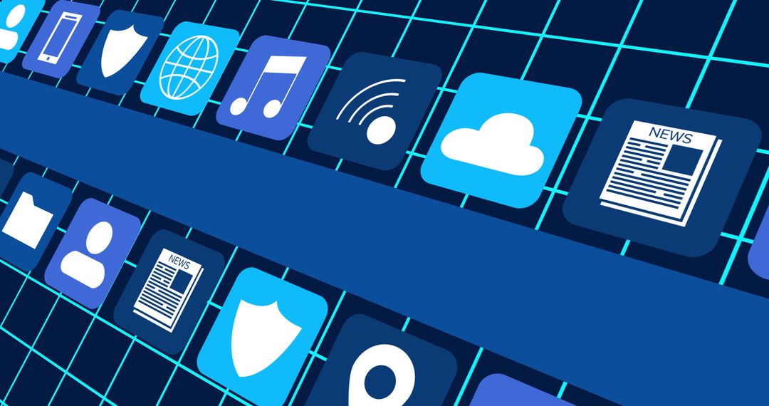 Digital Icons Over Grid on Abstract Blue Background