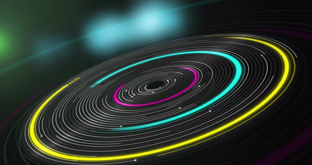 Glowing Circles of Rotating Neon Lights on Dark Background