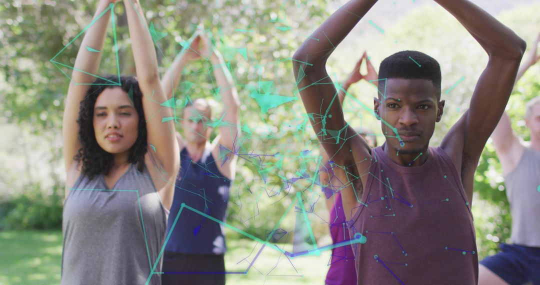 Diverse Yoga Group in Nature with Futuristic Digital Overlay