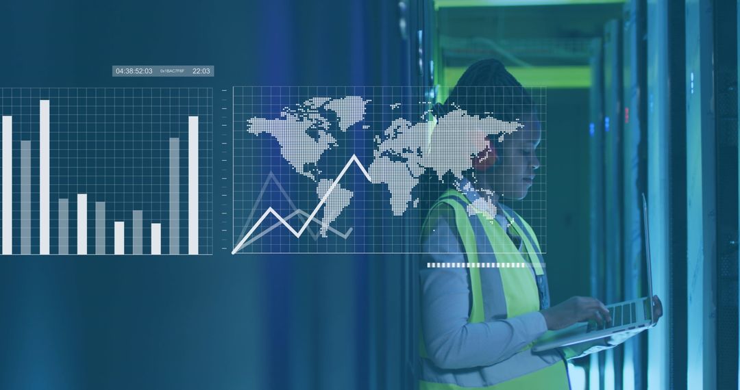 African American IT Woman Analyzing Data in Server Room with Digital Overlay