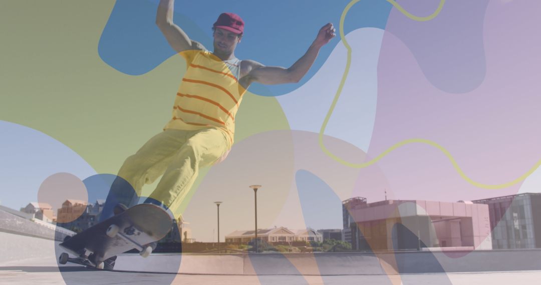 Dynamic Skateboarding with Vibrant Overlay Art