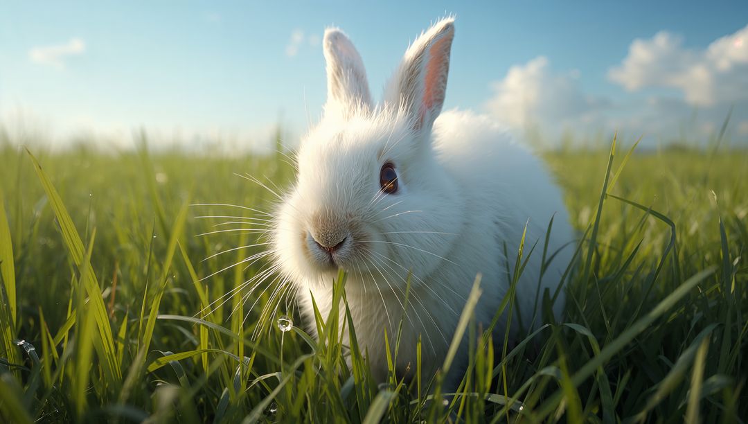 Fluffy white rabbit nibbling dew-kissed grass in sunlit meadow at golden hour