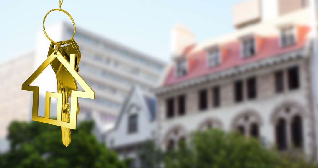 Golden Key with House Icon Simulating Urban Real Estate Concept