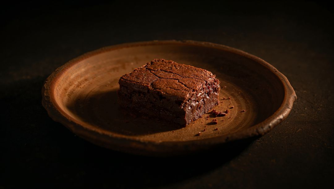 Rustic Square Chocolate Brownie on Clay Plate with Crumbs and Lowkey Warm Lighting