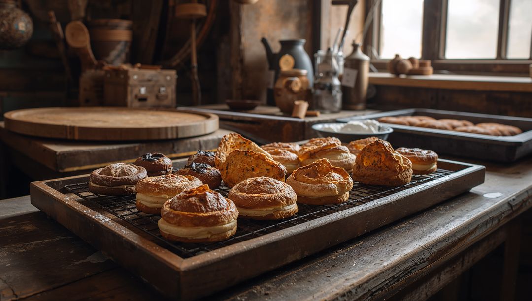 Rustic Bakery Tray of Assorted Artisan Pastries Cooling on Vintage Workbench