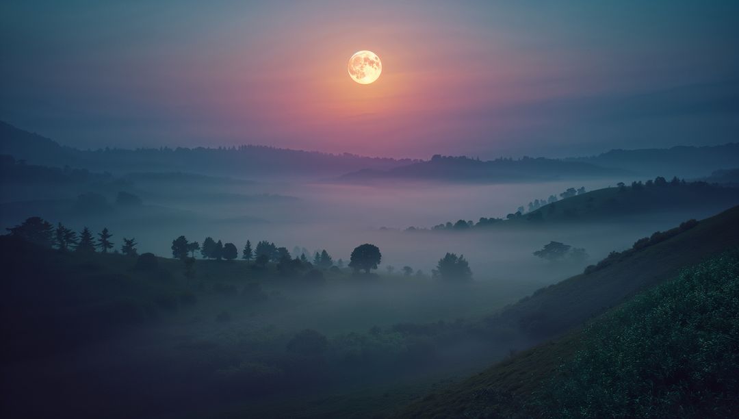 Full Moon Over Misty Hills Creates Serene Nighttime Landscape