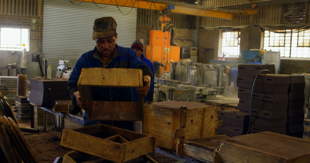 Worker in Industrial Factory Organizing Heavy Muddy Boxes - Free Images, Stock Photos and Pictures on Pikwizard.com