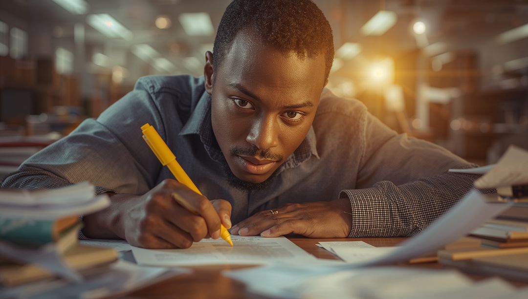 Determined Student Highlighting Notes in Busy Library Environment