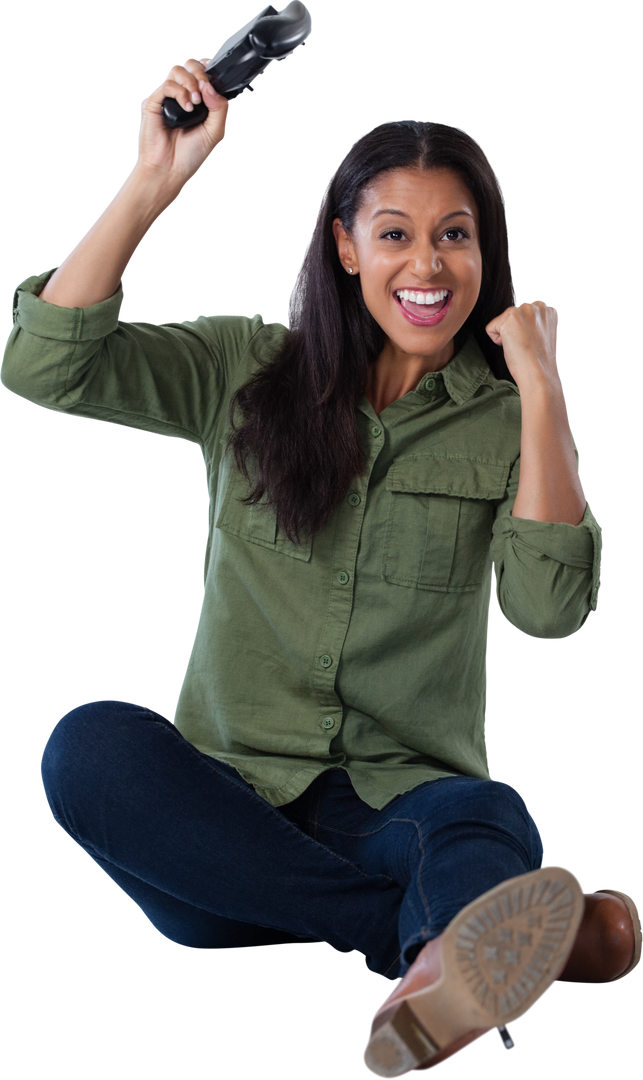 Happy Woman in Green Shirt Winning at Gaming in Transparent Background - Download Free Stock Images Pikwizard.com