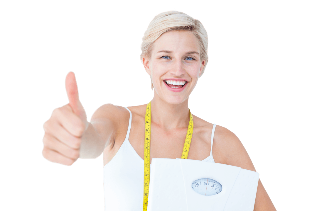 Transparent Woman Holding Scales and Thumb Up with Tape Measure