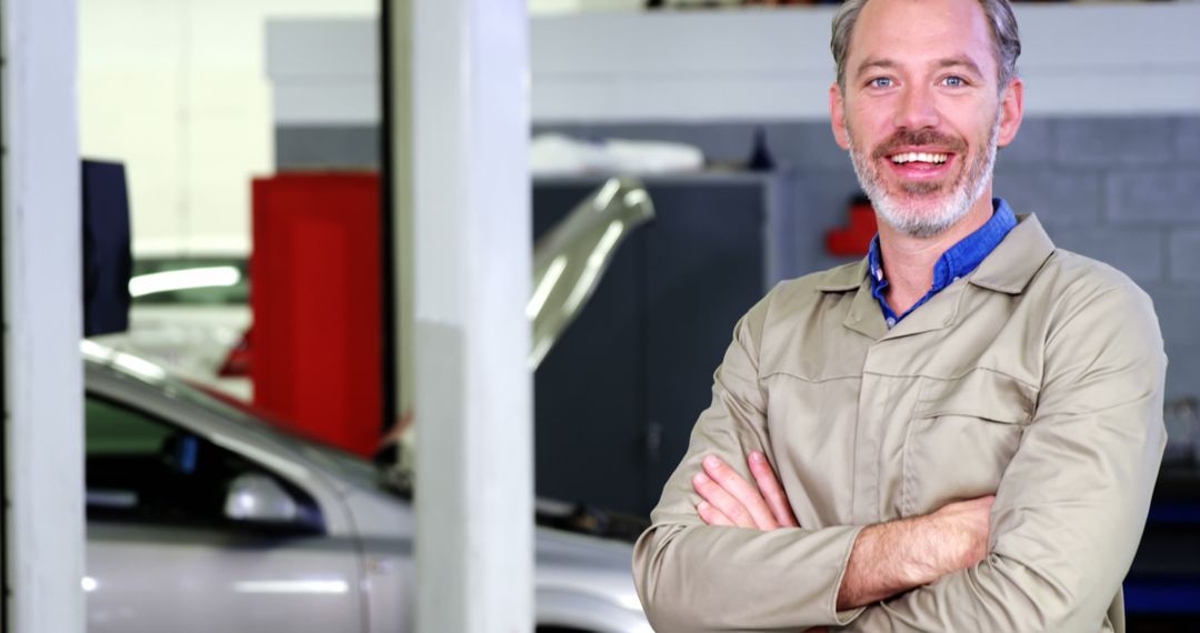 Confident Mechanic Smiling Inside Auto Repair Shop - Free Images, Stock Photos and Pictures on Pikwizard.com