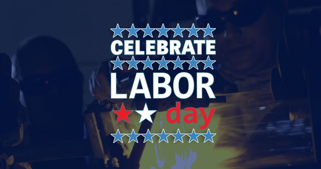 Labor Day Celebration with Workers in Workshop and Patriotic Theme