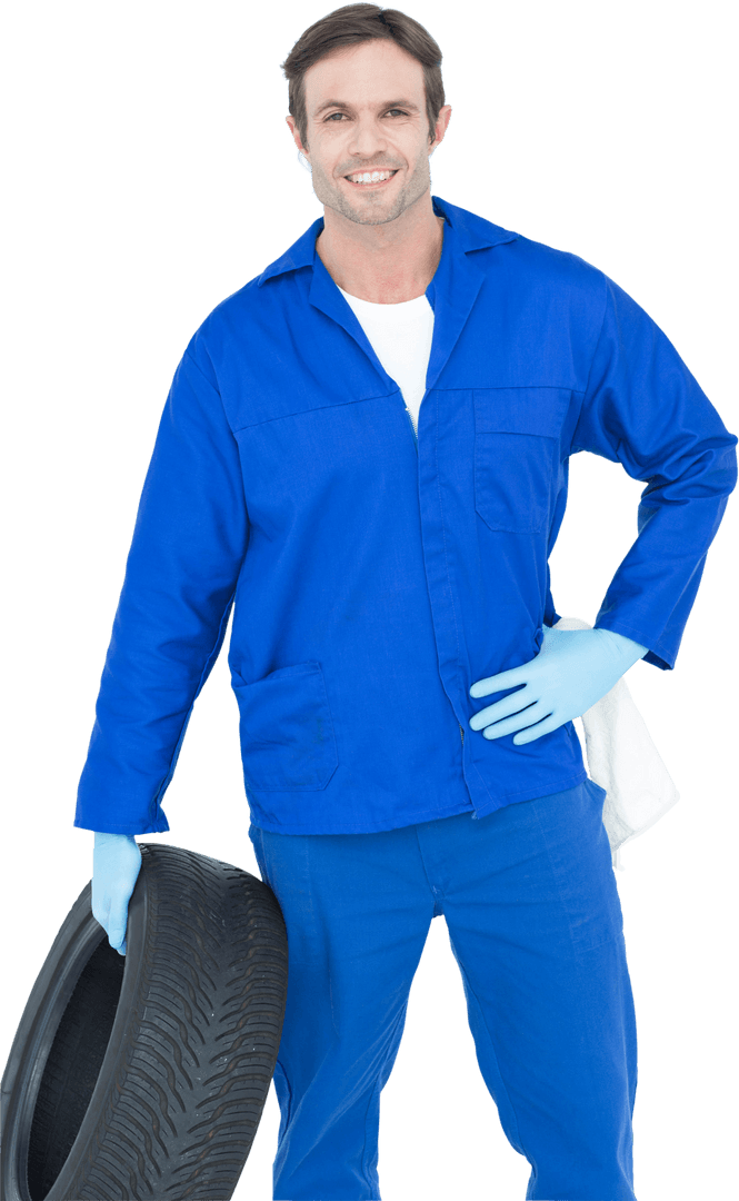 Transparent Background Mechanic Holding Tire Confidently