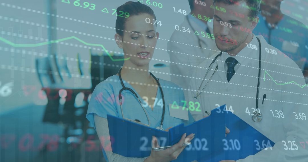 Healthcare Professionals Analyzing Financial Data with Digital Interface