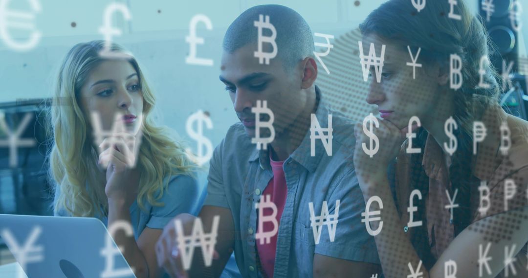 Three Professionals Analyzing Financial Data with Currency Symbols Overlay