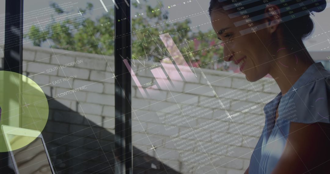 Woman Analyzing Data with Virtual Statistics Overlay