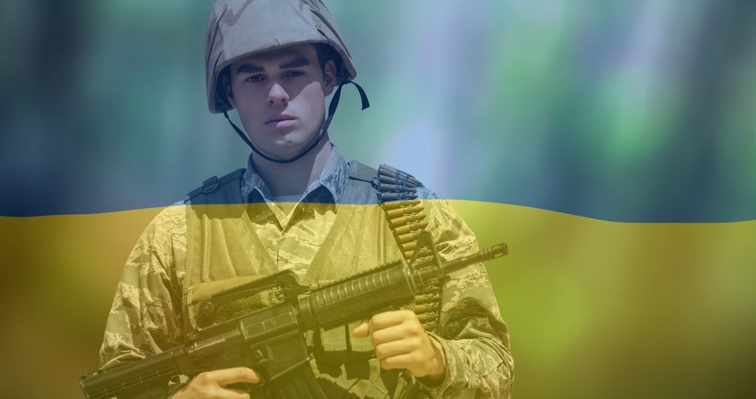 Ukraine Crisis: Caucasian Soldier with Weapon and Ukraine Flag Overlay - Free Images, Stock Photos and Pictures on Pikwizard.com